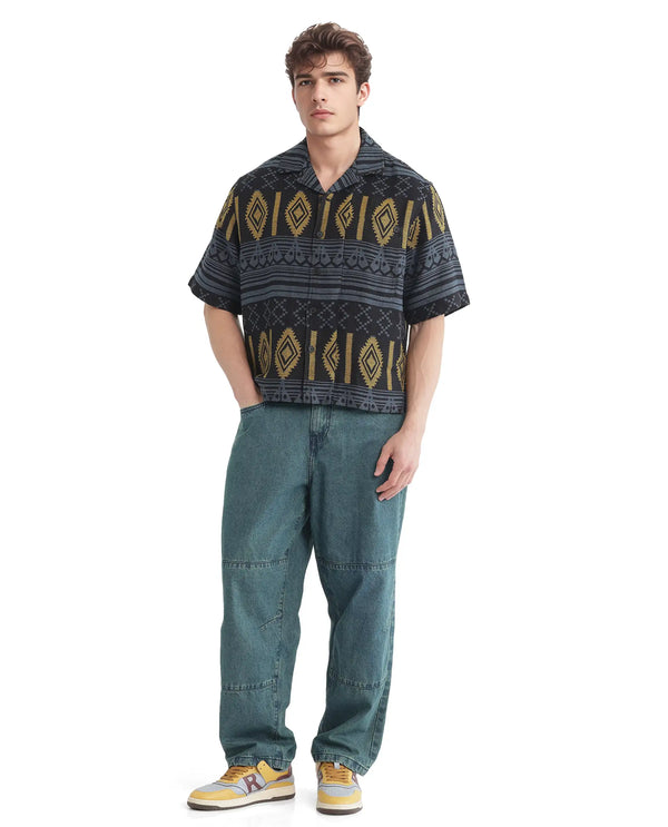 Rare Rabbit Men's Aztek Teal Cotton Fabric Short Sleeve Collared Neck Button Closure Printed Shirt