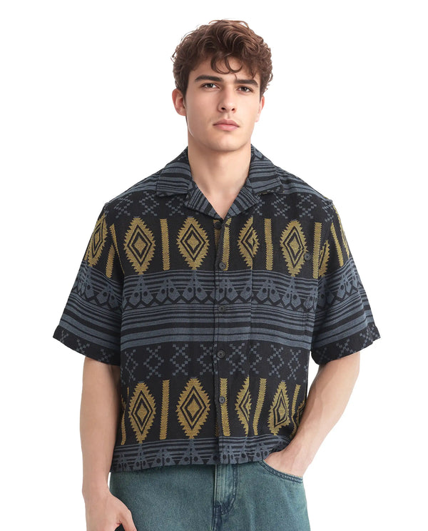 Rare Rabbit Men's Aztek Teal Cotton Fabric Short Sleeve Collared Neck Button Closure Printed Shirt