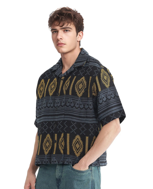 Rare Rabbit Men's Aztek Teal Cotton Fabric Short Sleeve Collared Neck Button Closure Printed Shirt