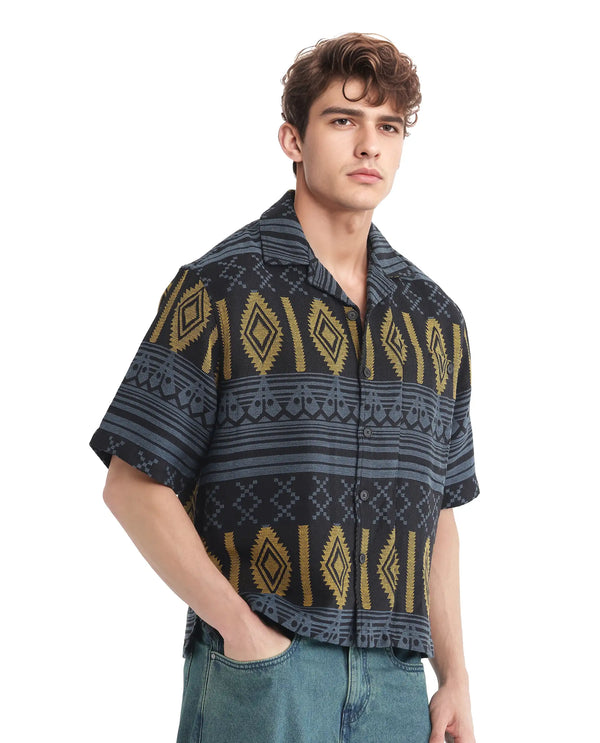 Rare Rabbit Men's Aztek Teal Cotton Fabric Short Sleeve Collared Neck Button Closure Printed Shirt