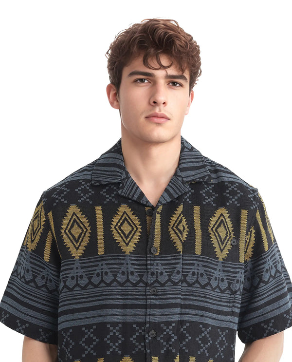 Rare Rabbit Men's Aztek Teal Cotton Fabric Short Sleeve Collared Neck Button Closure Printed Shirt