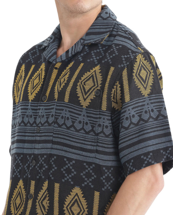 Rare Rabbit Men's Aztek Teal Cotton Fabric Short Sleeve Collared Neck Button Closure Printed Shirt