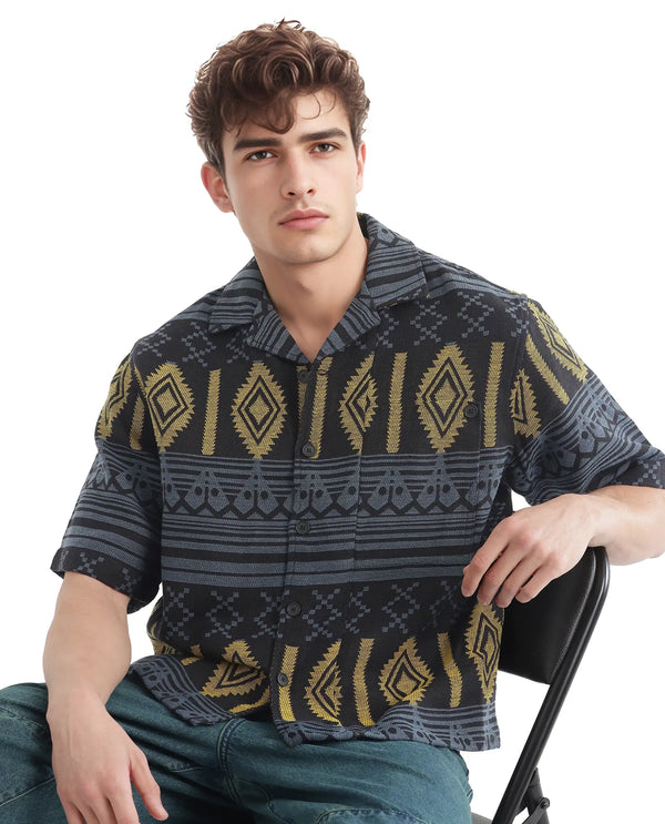 Rare Rabbit Men's Aztek Teal Cotton Fabric Short Sleeve Collared Neck Button Closure Printed Shirt