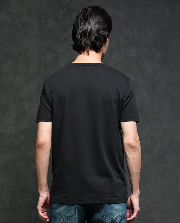 Rare Rabbit Men's Azul Black Solid Crew Neck With Contrast Nylon Pocket Half Sleeves T-Shirt