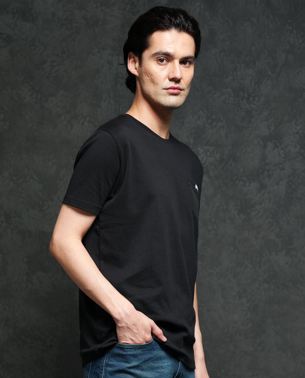 Rare Rabbit Men's Azul Black Solid Crew Neck With Contrast Nylon Pocket Half Sleeves T-Shirt
