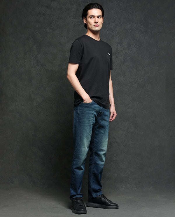 Rare Rabbit Men's Azul Black Solid Crew Neck With Contrast Nylon Pocket Half Sleeves T-Shirt
