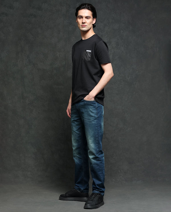 Rare Rabbit Men's Azul Black Solid Crew Neck With Contrast Nylon Pocket Half Sleeves T-Shirt
