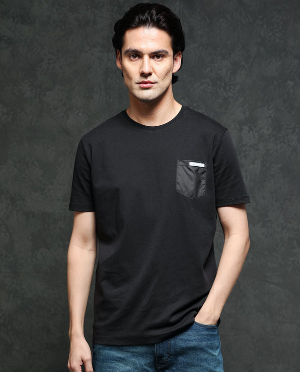 Rare Rabbit Men's Azul Black Solid Crew Neck With Contrast Nylon Pocket Half Sleeves T-Shirt
