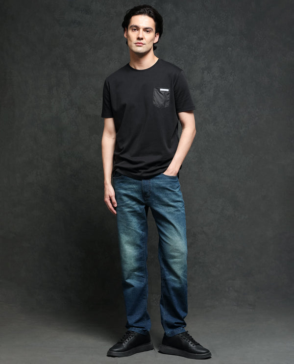 Rare Rabbit Men's Azul Black Solid Crew Neck With Contrast Nylon Pocket Half Sleeves T-Shirt