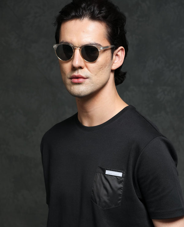 Rare Rabbit Men's Azul Black Solid Crew Neck With Contrast Nylon Pocket Half Sleeves T-Shirt