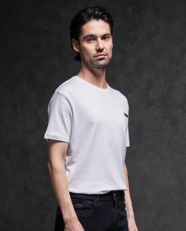 Rare Rabbit Men's Azul White Crew Neck With Contrast Nylon Pocket Half Sleeves T-Shirt