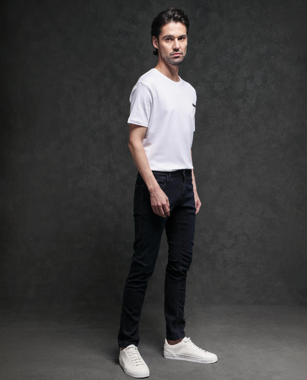Rare Rabbit Men's Azul White Crew Neck With Contrast Nylon Pocket Half Sleeves T-Shirt