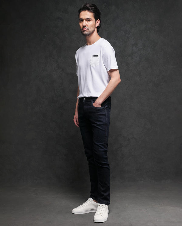 Rare Rabbit Men's Azul White Crew Neck With Contrast Nylon Pocket Half Sleeves T-Shirt