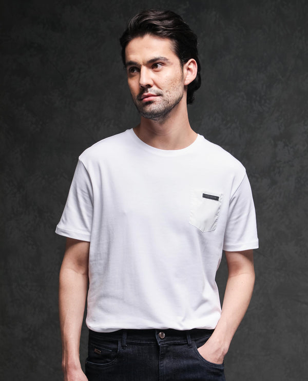 Rare Rabbit Men's Azul White Crew Neck With Contrast Nylon Pocket Half Sleeves T-Shirt