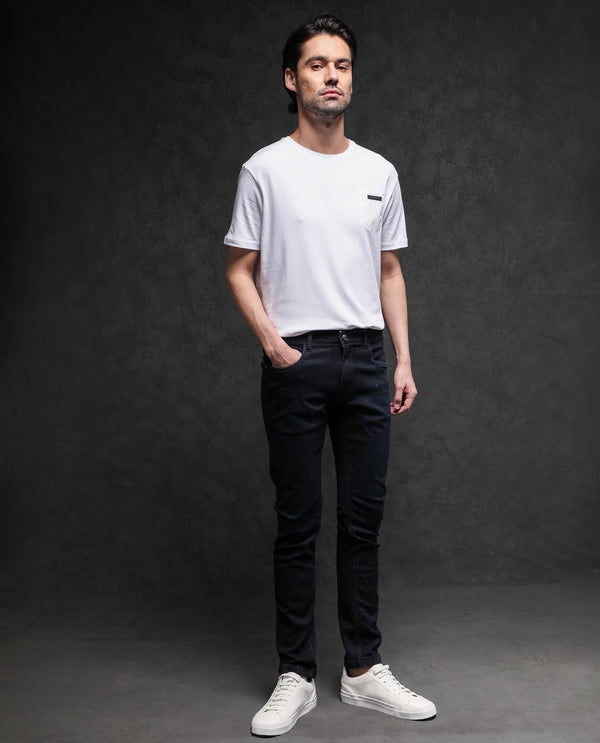 Rare Rabbit Men's Azul White Crew Neck With Contrast Nylon Pocket Half Sleeves T-Shirt