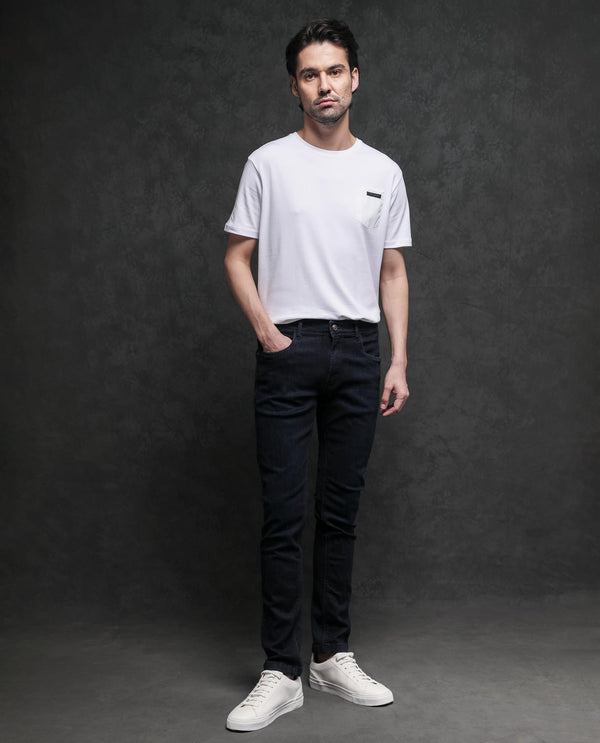 Rare Rabbit Men's Azul White Crew Neck With Contrast Nylon Pocket Half Sleeves T-Shirt