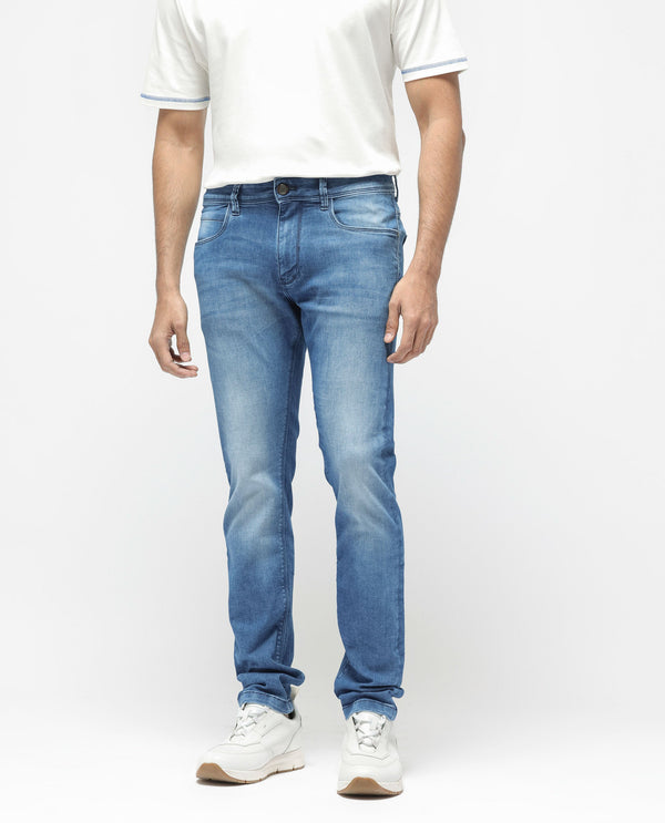 Rare Rabbit Men's Arbok Blue Mid Wash Mid Rise Slim Fit Jeans