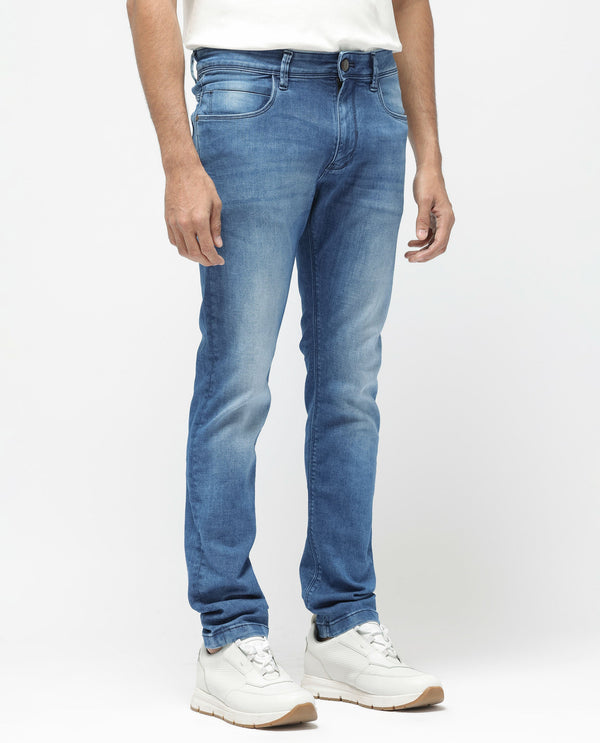 Rare Rabbit Men's Arbok Blue Mid Wash Mid Rise Slim Fit Jeans