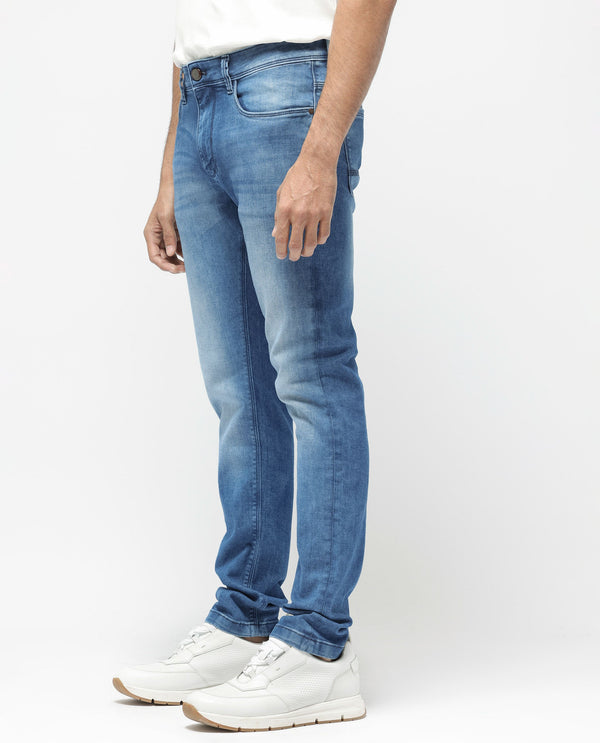 Rare Rabbit Men's Arbok Blue Mid Wash Mid Rise Slim Fit Jeans