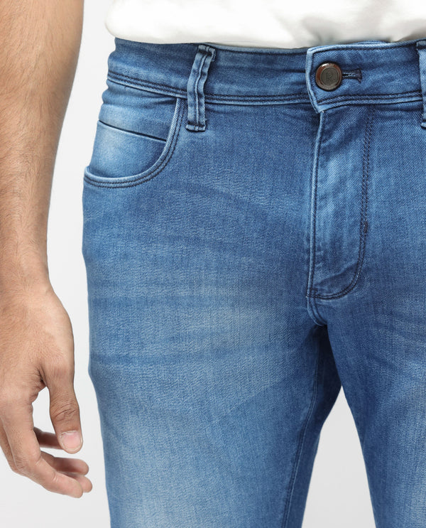 Rare Rabbit Men's Arbok Blue Mid Wash Mid Rise Slim Fit Jeans