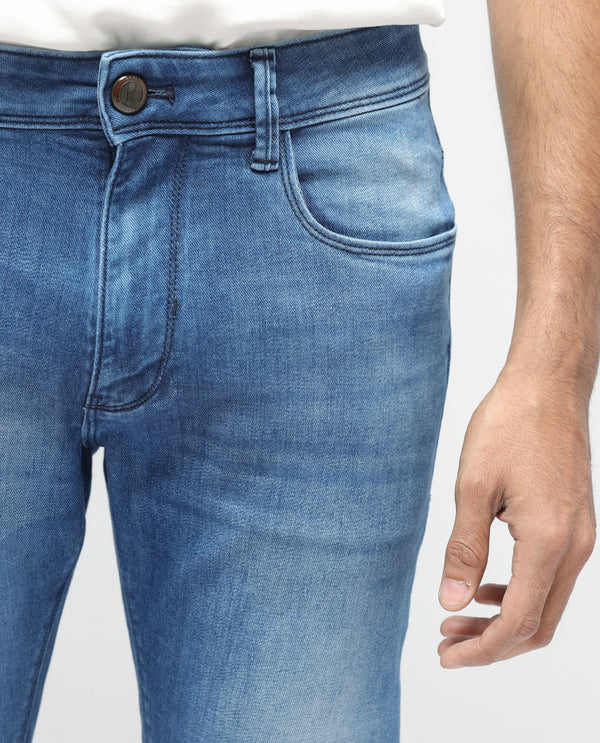 Rare Rabbit Men's Arbok Blue Mid Wash Mid Rise Slim Fit Jeans