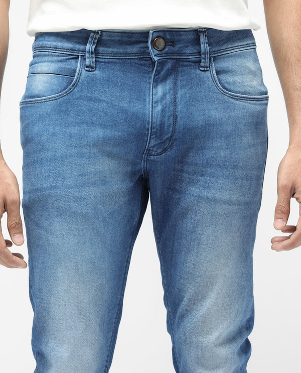 Rare Rabbit Men's Arbok Blue Mid Wash Mid Rise Slim Fit Jeans