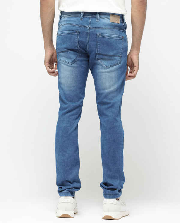 Rare Rabbit Men's Arbok Blue Mid Wash Mid Rise Slim Fit Jeans