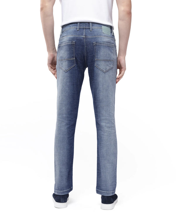 Rare Rabbit Men's Arten Light Blue Mid Wash Mid-Rise Cross Hatch Slim Fit Jeans