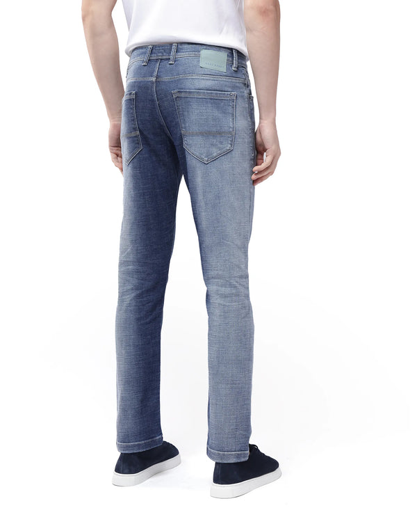 Rare Rabbit Men's Arten Light Blue Mid Wash Mid-Rise Cross Hatch Slim Fit Jeans