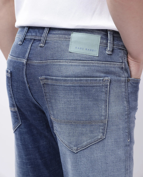 Rare Rabbit Men's Arten Light Blue Mid Wash Mid-Rise Cross Hatch Slim Fit Jeans