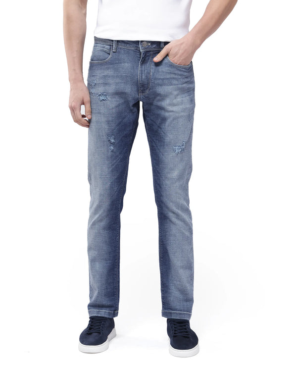 Rare Rabbit Men's Arten Light Blue Mid Wash Mid-Rise Cross Hatch Slim Fit Jeans