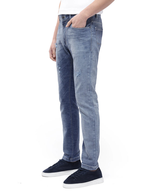 Rare Rabbit Men's Arten Light Blue Mid Wash Mid-Rise Cross Hatch Slim Fit Jeans