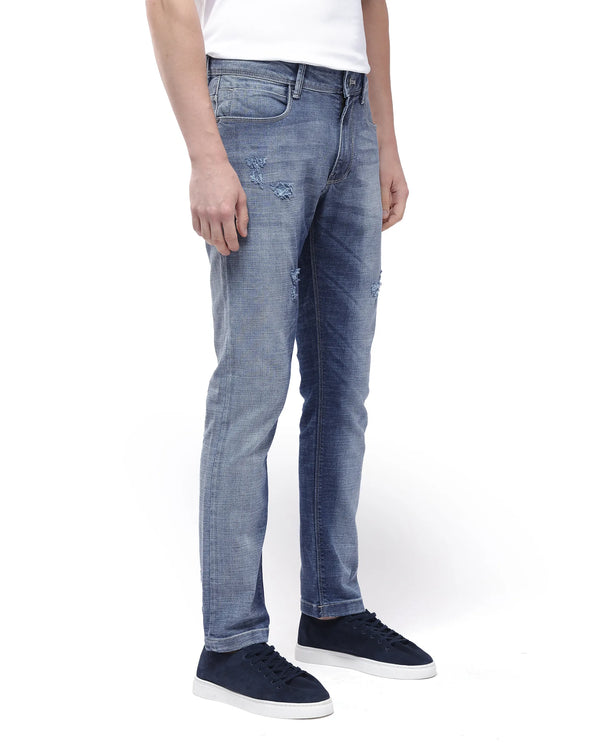 Rare Rabbit Men's Arten Light Blue Mid Wash Mid-Rise Cross Hatch Slim Fit Jeans