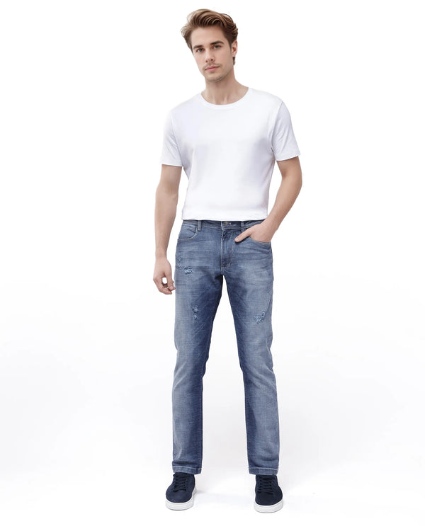Rare Rabbit Men's Arten Light Blue Mid Wash Mid-Rise Cross Hatch Slim Fit Jeans
