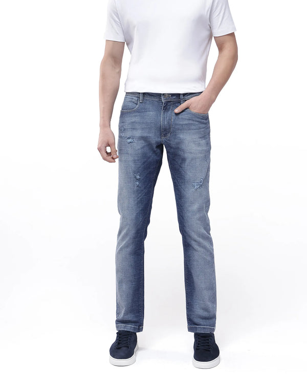 Rare Rabbit Men's Arten Light Blue Mid Wash Mid-Rise Cross Hatch Slim Fit Jeans