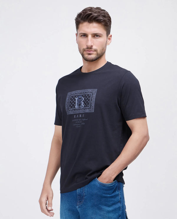 Rare Rabbit Men Bac Dark Dark Navy Cotton Lycra Fabric Short Sleeve Crew Neck Graphic Paisley Print T-Shirt