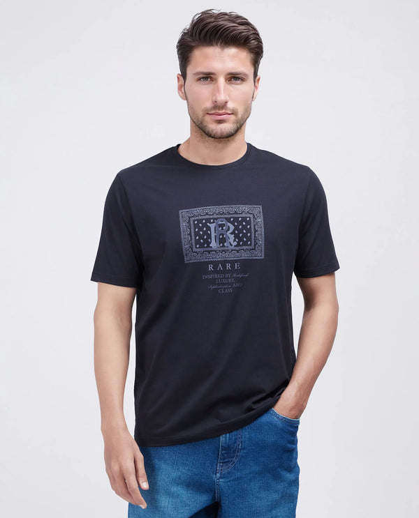 Rare Rabbit Men Bac Dark Dark Navy Cotton Lycra Fabric Short Sleeve Crew Neck Graphic Paisley Print T-Shirt