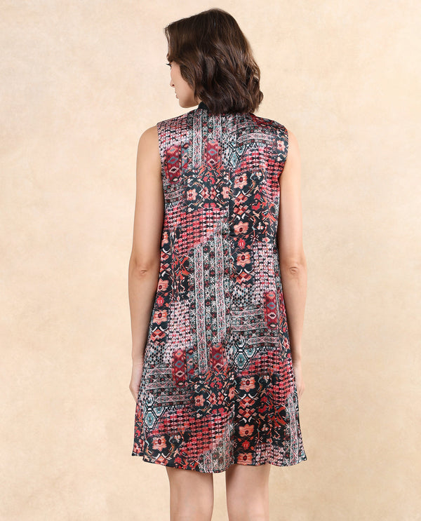 Rareism Women Baden Dark Multi Satin Sleeveless Turtle Neck Zipper Closure Flared Knee Length Abstract Print Dress