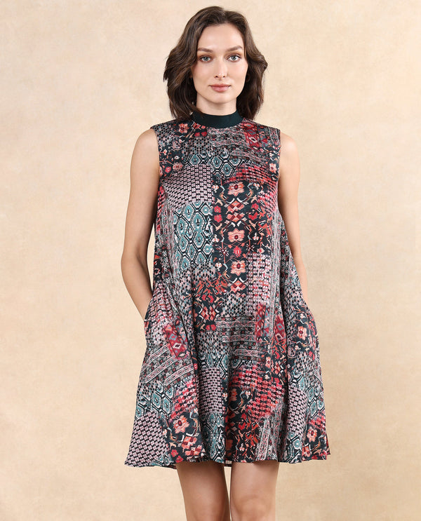 Rareism Women Baden Dark Multi Satin Sleeveless Turtle Neck Zipper Closure Flared Knee Length Abstract Print Dress