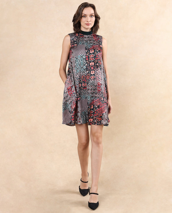 Rareism Women Baden Dark Multi Satin Sleeveless Turtle Neck Zipper Closure Flared Knee Length Abstract Print Dress
