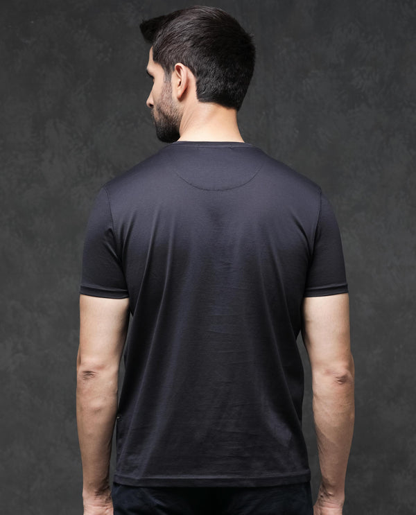 Rare Rabbit Men's Badgen Navy Cotton Fabric Half Sleeves Regular Fit Solid T-Shirt