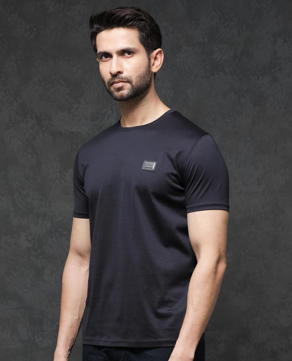 Rare Rabbit Men's Badgen Navy Cotton Fabric Half Sleeves Regular Fit Solid T-Shirt