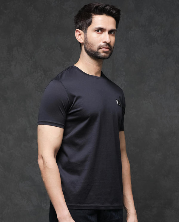 Rare Rabbit Men's Badgen Navy Cotton Fabric Half Sleeves Regular Fit Solid T-Shirt