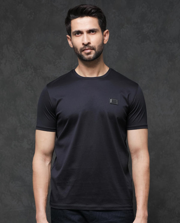 Rare Rabbit Men's Badgen Navy Cotton Fabric Half Sleeves Regular Fit Solid T-Shirt