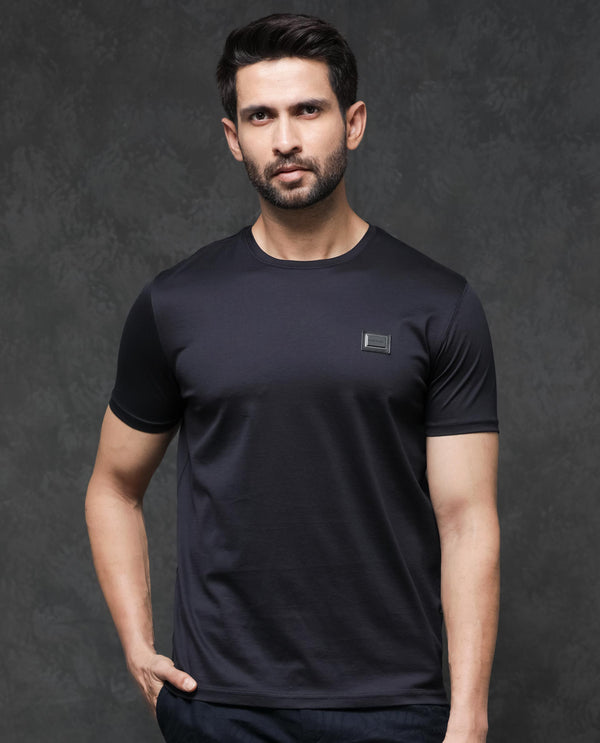 Rare Rabbit Men's Badgen Navy Cotton Fabric Half Sleeves Regular Fit Solid T-Shirt