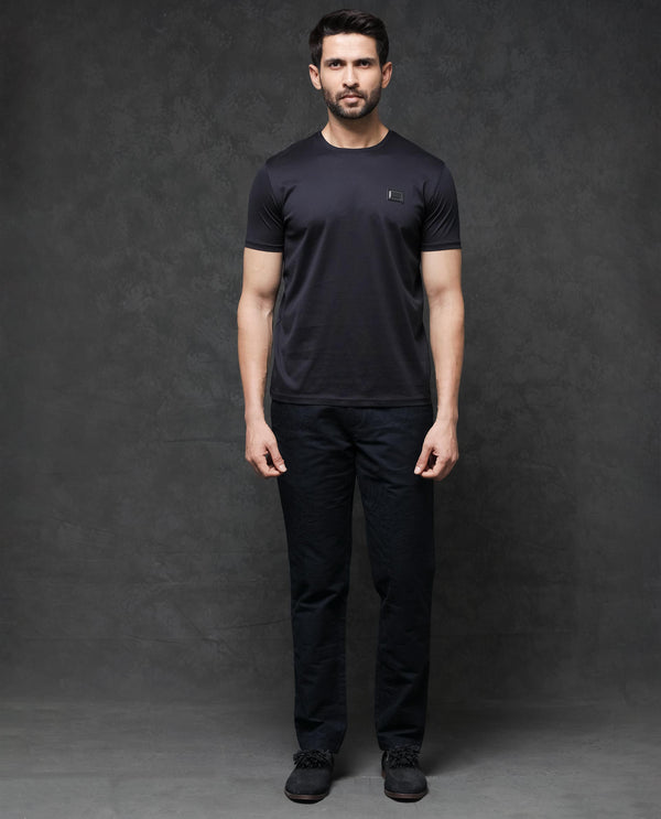 Rare Rabbit Men's Badgen Navy Cotton Fabric Half Sleeves Regular Fit Solid T-Shirt