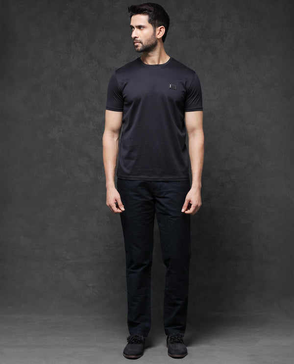 Rare Rabbit Men's Badgen Navy Cotton Fabric Half Sleeves Regular Fit Solid T-Shirt