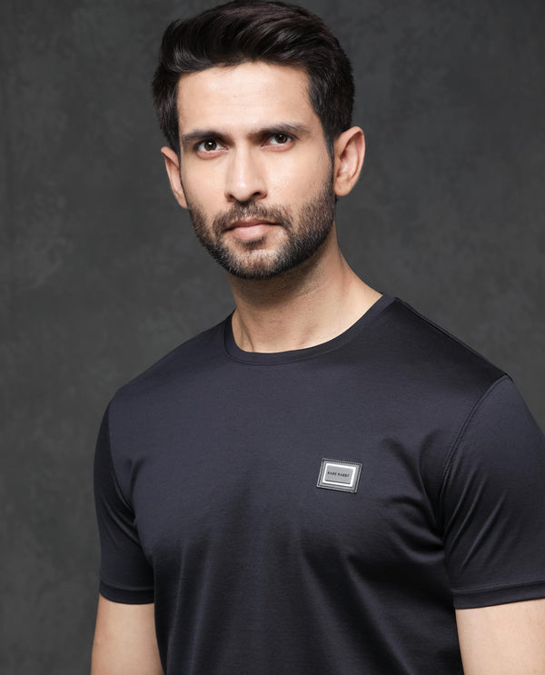 Rare Rabbit Men's Badgen Navy Cotton Fabric Half Sleeves Regular Fit Solid T-Shirt