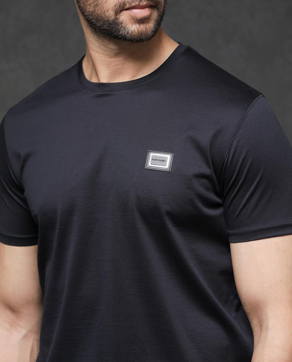 Rare Rabbit Men's Badgen Navy Cotton Fabric Half Sleeves Regular Fit Solid T-Shirt