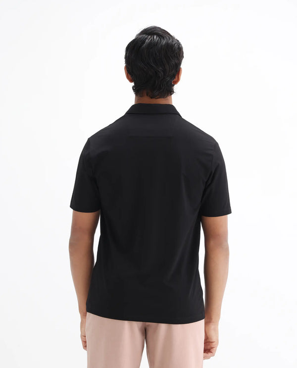 Rare Rabbit Men Badger-25 Black Cotton Poly Fabric Short Sleeve Collared Neck Button Closure Plain Polo